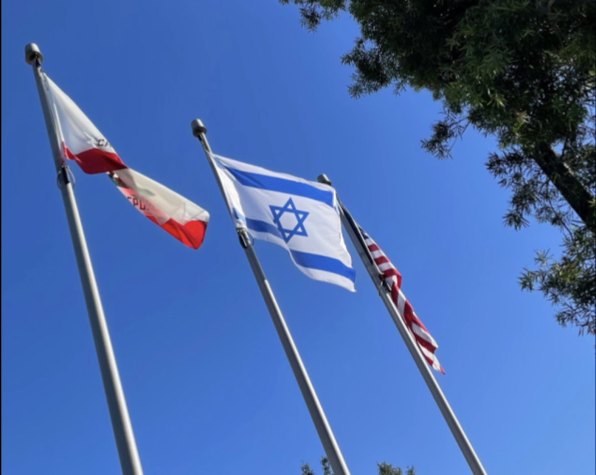 The flags at the entrance to Milken Community School in the morning.